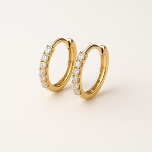 Diamond Huggie Hoop Earrings, 14k Solid Gold Diamond Hoops