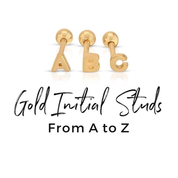 Mini pendientes iniciales de oro macizo de 14 k, tachuelas de letras de oro, tachuela única, mezclar y combinar