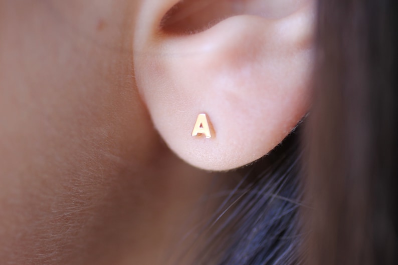 Mini 14k Solid Gold Initial Stud Earrings, Gold Letter Studs, Single Stud, Mix and Match image 2