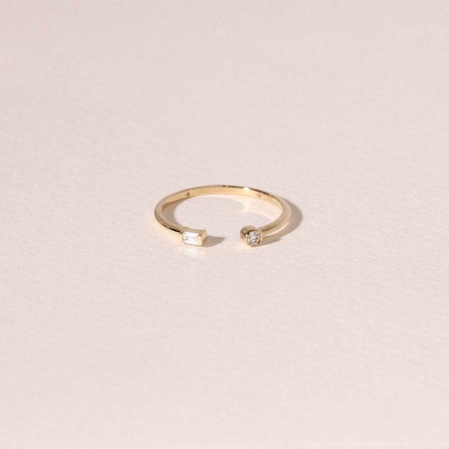 Dainty Stackable Ring, 14k Gold Diamond Baguette Open Cuff Ring