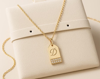 14k Gold Diamond Pave Mini Dog Tag Charm Pendant