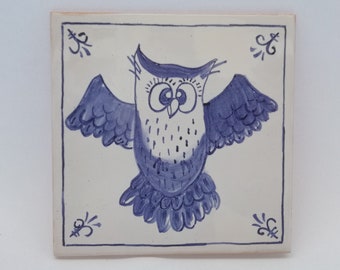 Handmade ceramic tile Blue and white Long eared owl Mug holder Pot holder Kitchen decor Wall decor Housewarming Owl lovers gift 6x6 inches