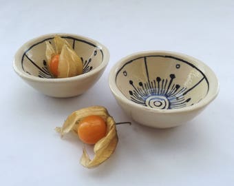 Handmade dipping bowls Set of 2:  hand painted blue blossom.