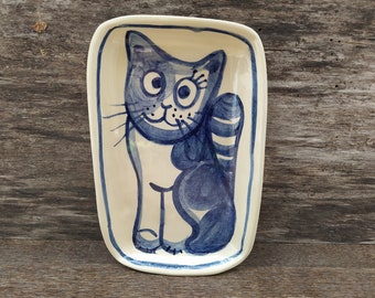 Handmade Ceramic Serving Plate: Blue Cat Painting, Cat Lover Decor