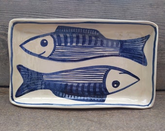 Square hand painted ceramic blue twin fish serving plate. Handmade ceramic dish. Sushi plate, snack plate. Gift for fish lover.