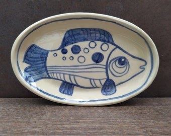 Handmade Pottery Oval Plate: Spotted Fish Design, Farmhouse Decor