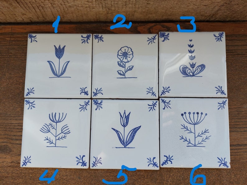 Hand painted Delft style blue ceramic tile with wild flower design. Dutch blue. Backsplash tile. Kitchen, bathroom decor, wall art zdjęcie 2