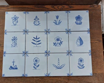 Hand painted Ceramic tile sample: Delft Style Backsplash, wild flowers, 4x4 brown