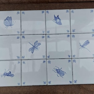 Peut inclure: Ensemble de douze carreaux de céramique blancs ornés d'illustrations d'insectes bleus. Chaque carreau présente un insecte différent, dont des papillons, des libellules, un scarabée et une sauterelle. Des motifs bleus ornent les coins.