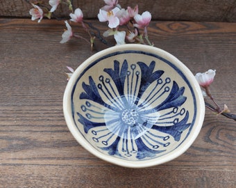 Handmade pottery hand painted small breakfast bowl blue corn flower. Noodle, rice, sauce bowl. Ring dish