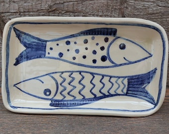 Handmade ceramic serving plate with hand painted blue decorative twin fish. Ceramic tray, Baby shower gift, Housewarming gift, ceramic gift