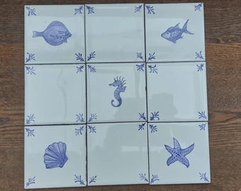 Hand-Painted Delft Style Sea Creature Tile Set of 9pcs: 5 fish and 4 corner tiles,Blue & White Ceramic Wall Art