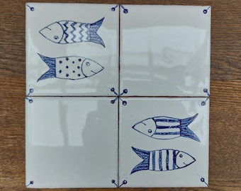 Hand-Painted Delft Twin Fish Tile: Coastal Ceramic Wall Art (4x4)