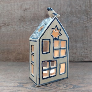 Hand-Painted Ceramic Tea Light Holder: Birdhouse Candle Lantern