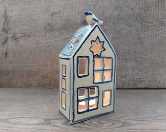 Hand-Painted Ceramic Tea Light Holder: Birdhouse Candle Lantern