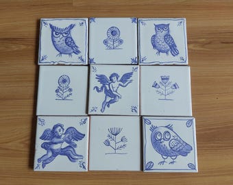 9 hand painted Delft style ceramic flower, angel and owl tiles with small defects/4 x4 inches/Discounted/ half price