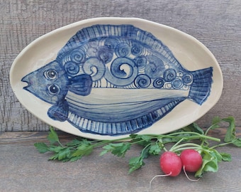 Handmade Ceramic Oval Serving Plate: Flounder Fish Decor