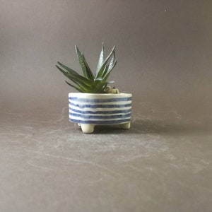 Handmade pottery tiny cactus planter blue stripes. Succulent planter pot. Ceramic planter. Ceramic pot. Cactus pot. Housewarming gift.