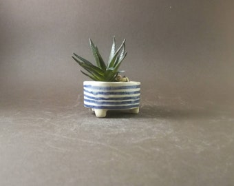 Handmade pottery tiny cactus planter blue stripes. Succulent planter pot. Ceramic planter. Ceramic pot. Cactus pot. Housewarming gift.