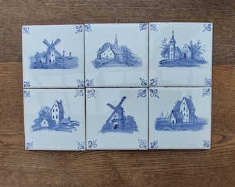 Hand-Painted Delft Style Ceramic Tile: Dutch Windmill Landscape, 4x4