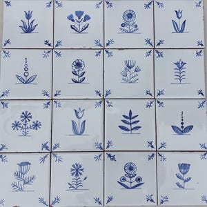 36 hand painted Delft style ceramic different wild flower tiles 4 x4 inches/ Backsplash tiles/ white corners/ bathroom/ kitchen / fire place