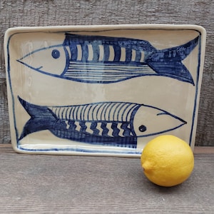 Hand painted handmade ceramic blue twin fish serving plate. Sushi plate, snack plate. Gift for fish lover. Gift for couple