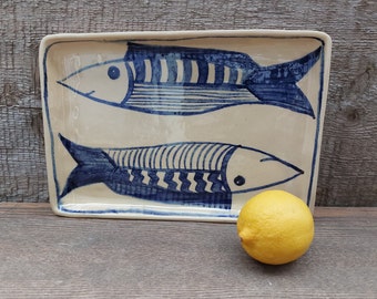 Hand Painted Ceramic Fish Plate: Blue Underglaze, Handmade Serving Dish