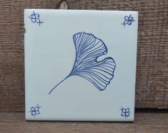 Hand-Painted Delft Tile Set (16): Blue and White Ginkgo Leaf Backsplash