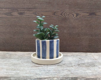 Tiny handmade pottery planter northern style with blue flat, vertical stripes, drain and under plate. Ceramic pot. Cactus pot. Plant lover.