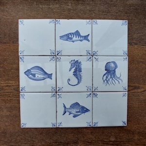 Blue and white 9 Hand painted Delft style ceramic tiles with sea animals, fishes and corner tiles/Backsplash tile/ Kitchen, bathroom decor