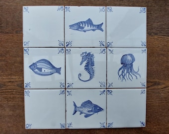 Hand-Painted 315 Delft Style Ceramic Tiles: 105 Sea Animals, 210 Corner tiles, (4x4 inches)