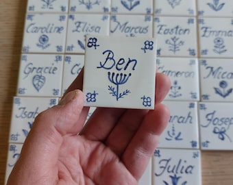 Personalized Delft Style Ceramic Tile, Hand-Painted Magnet (2x2 inches), Seat card