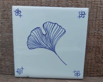 Hand-Painted Two Delft Tile Set, Ginkgo Leaf Design, Blue and White, 4x4 inches