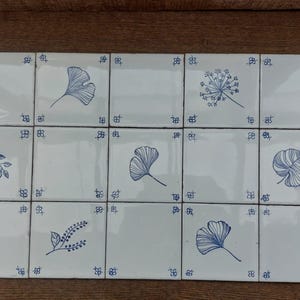 Hand painted Delft style backsplash tile set of 15, Ginkgo leaves, Dill, kitchen, bathroom, fire place decor, wall art, blue and white.