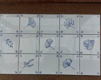 Hand-Painted Delft Tile Set (15): Blue & White Ginkgo Leaf Backsplash