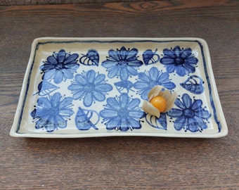 Square hand painted handmade pottery blue flower serving plate. Handmade ceramic dish. Sushi plate, snack plate. Gift for friend.