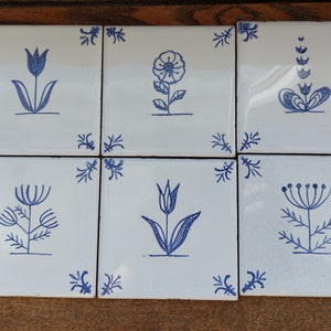 Hand painted Delft style blue ceramic tiles 4x4 inches with wild flower design Dutch blue. Backsplash tile Kitchen, bathroom decor, wall art