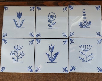 Hand painted Delft style blue ceramic tiles 4x4 inches with wild flower design Dutch blue. Backsplash tile Kitchen, bathroom decor, wall art