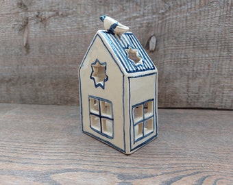 Handmade pottery small hand painted tea candle holder house.