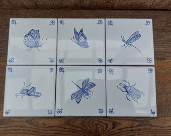 Hand-Painted ceramic Delft Style Insect Tiles: White and Blue Art, Set of 10