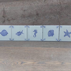 Hand-Painted Delft Style  ceramic Tile: Blue Sea Creatures, Backsplash Tile