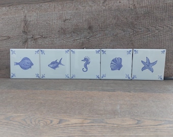 Hand-Painted Delft Style  ceramic Tile: Blue Sea Creatures, Backsplash Tile