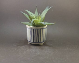 Small cylindrical windowsill planter on feet Blue stripes. Ceramic planter. Ceramic pot. Cactus pot. Housewarming gift, pottery planter.