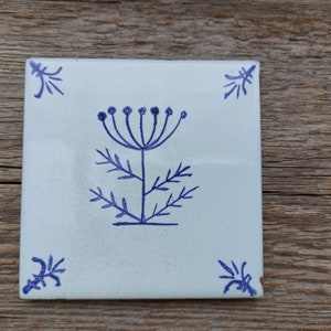 Hand painted Delft style blue ceramic tile with wild flower design. Dutch blue. Backsplash tile. Kitchen, bathroom decor, wall art Dill