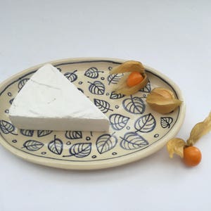 Handmade Pottery Oval Plate: Farmhouse Serving Dish with Blue Leaf Decor