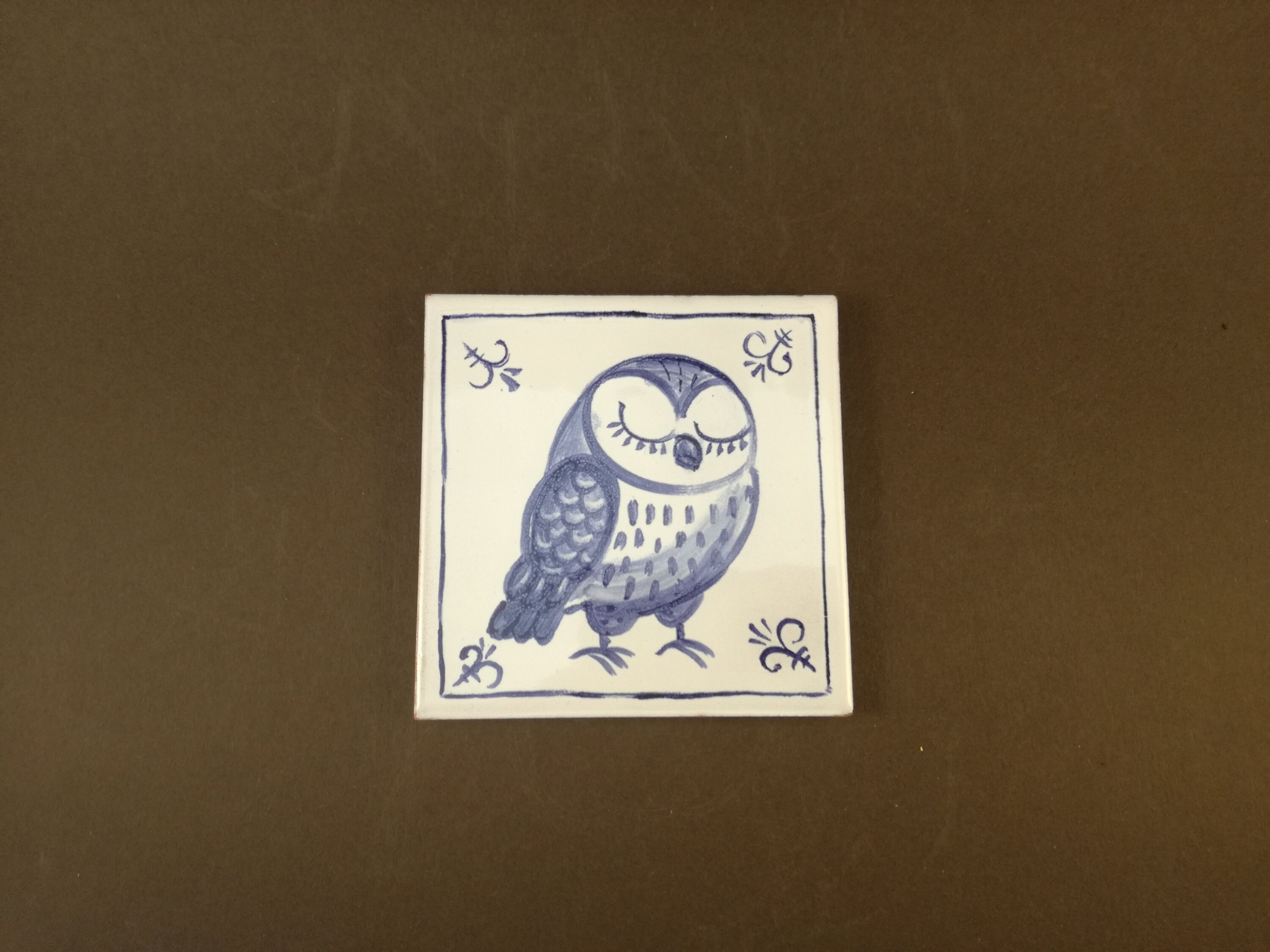 Dreaming owl Delft blue hand painted tile  4 x 4 inches