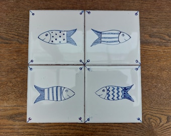 Hand-Painted 4 Delft Blue Fish Tile Set, Coastal Kitchen Wall Art