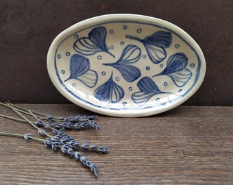 Handmade ceramic Oval plate with Hand painted Blue Ginkgo leaves