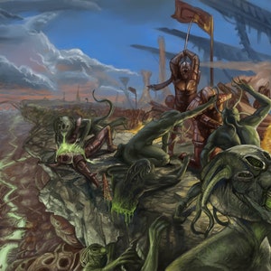 The War for Atas Oil, Comic book art, Massive war art, Alien invasion artwork, scary monster art, sci fi art for wall, detailed paintings