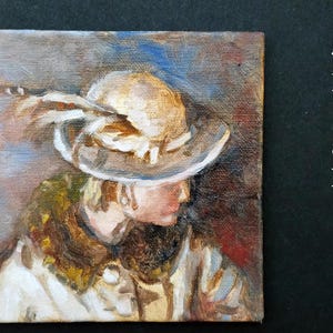 Woman with a Feathered Hat 4 x 4 Oil Painting, Expressive Portrait, Figurative Art, Woman in Profile, Portrait of a Muse, Small oil painting